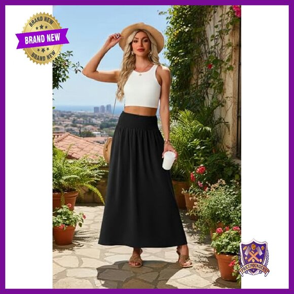 Maxi Skirt Smocked Elastic High Waist Boho Swing Pleated Long with Pockets - Picture 6 of 8